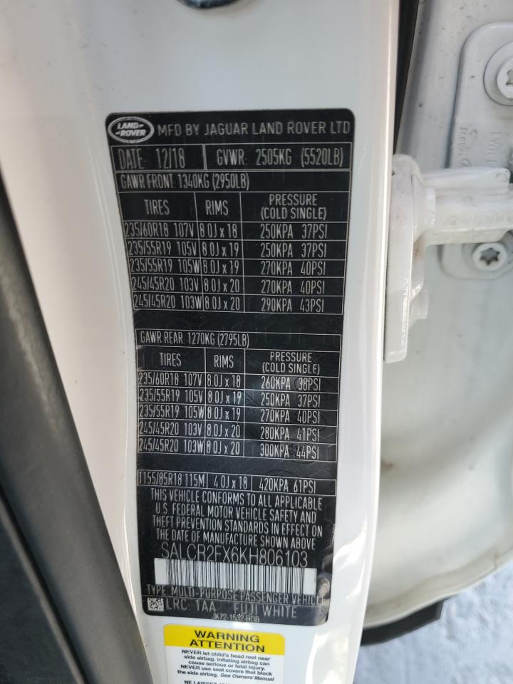 2019 Land Rover Discovery Sport Hse VIN: SALCR2FX6KH806103 Lot: 65407795