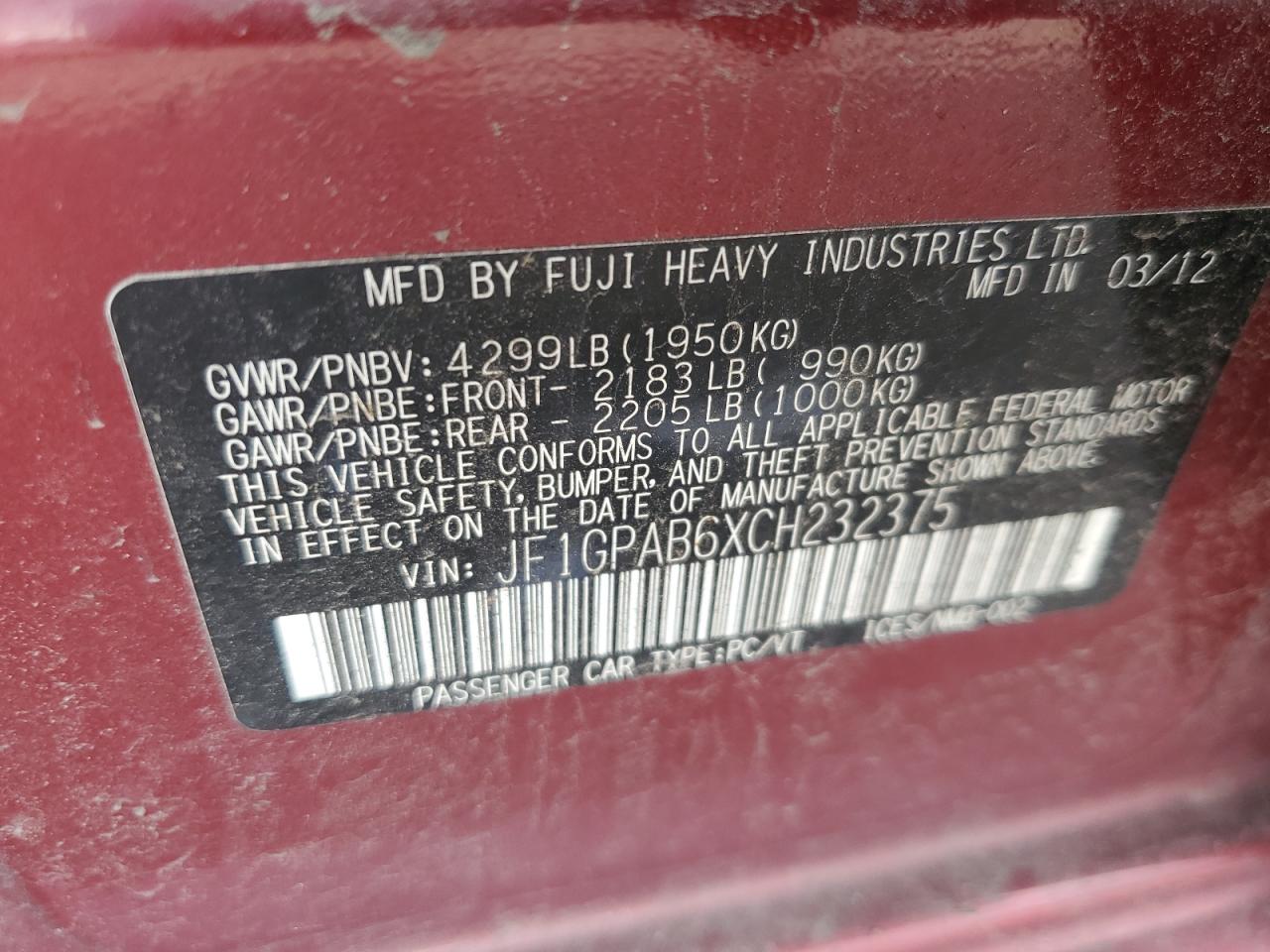 2012 Subaru Impreza Premium VIN: JF1GPAB6XCH232375 Lot: 63005065