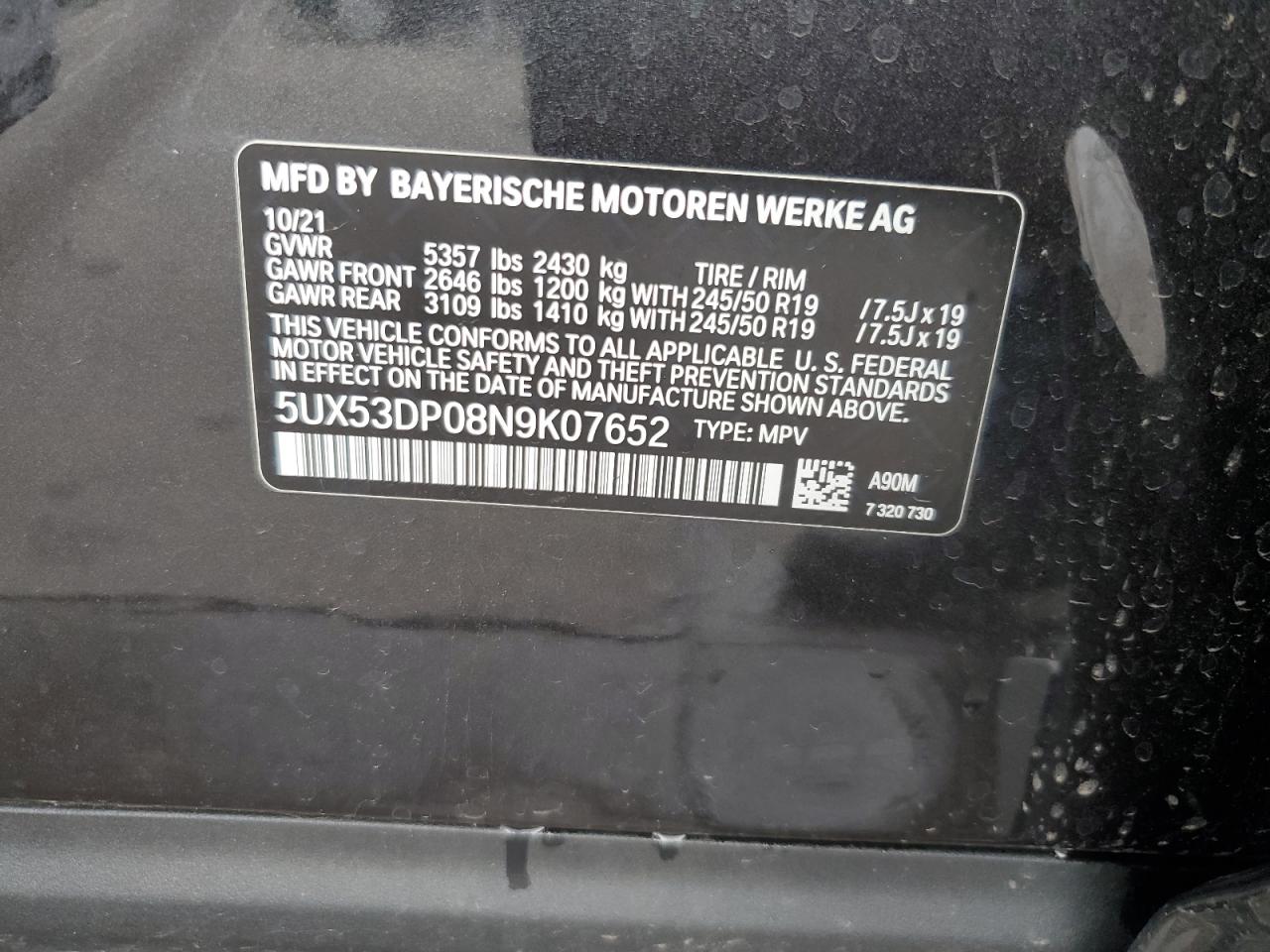 2022 BMW X3 xDrive30I VIN: 5UX53DP08N9K07652 Lot: 65638175
