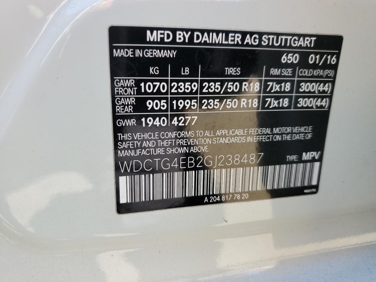 2016 Mercedes-Benz Gla 250 VIN: WDCTG4EB2GJ238487 Lot: 66477255