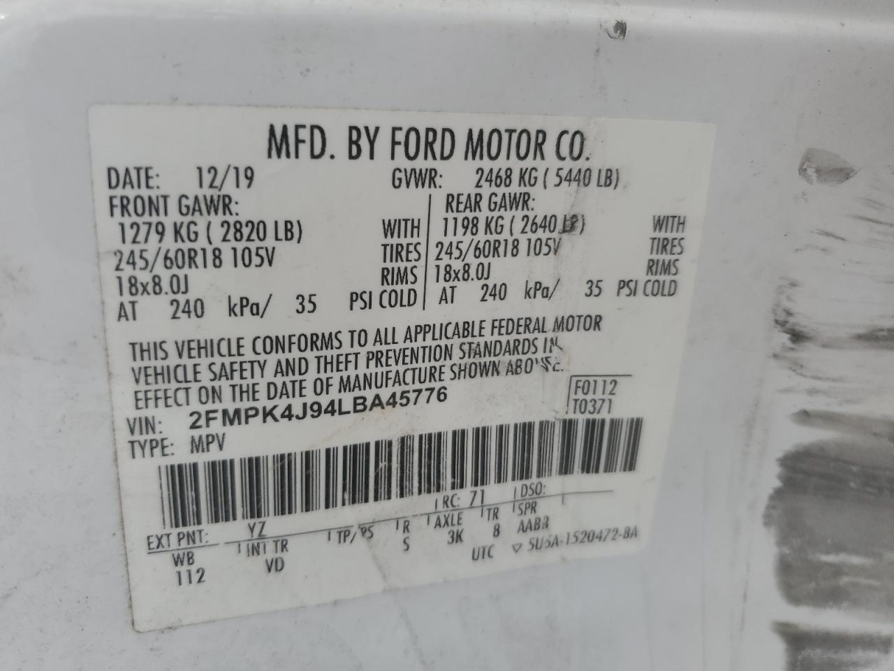 2020 Ford Edge Sel VIN: 2FMPK4J94LBA45776 Lot: 63661665