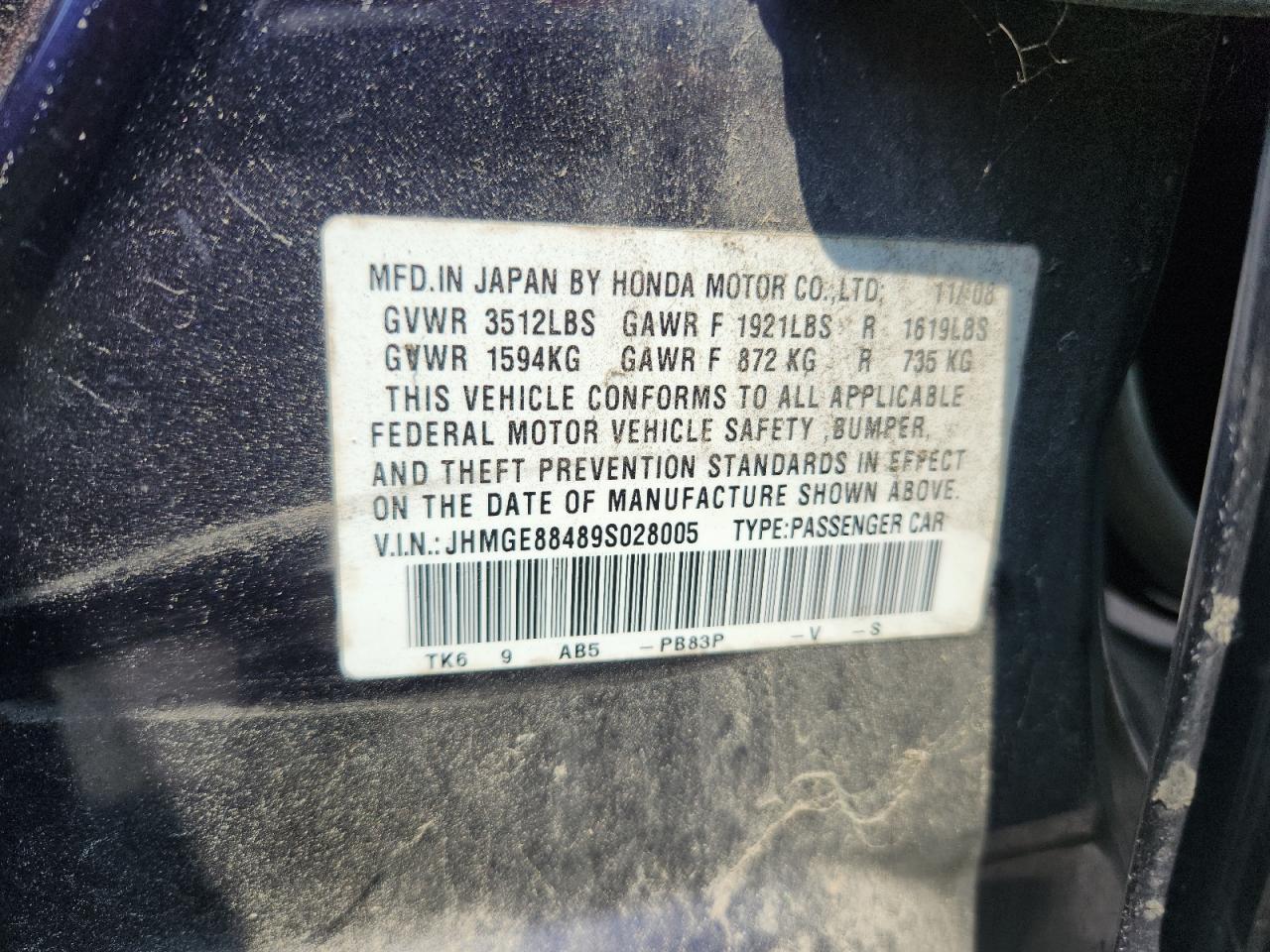 2009 Honda Fit Sport VIN: JHMGE88489S028005 Lot: 64004645