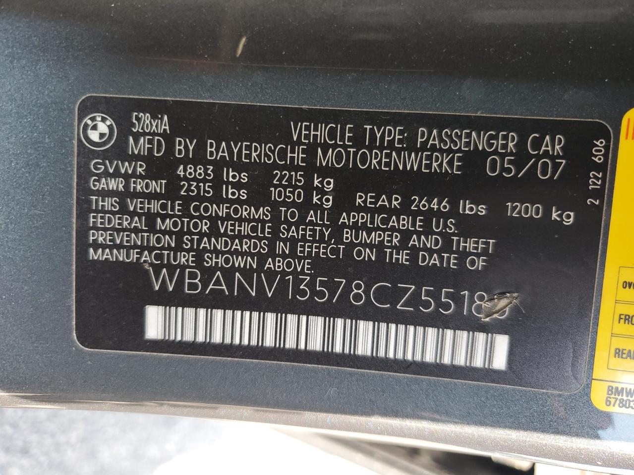 2008 BMW 528 Xi VIN: WBANV13578CZ55180 Lot: 63944395