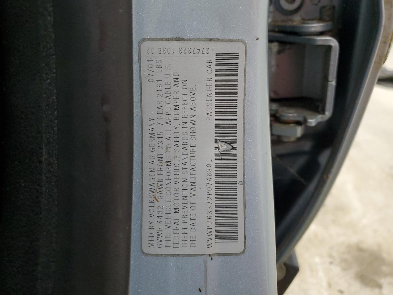 2002 Volkswagen Passat Gls VIN: WVWPD63B72P074688 Lot: 63933115