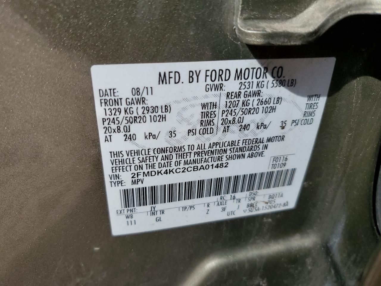 2012 Ford Edge Limited VIN: 2FMDK4KC2CBA01482 Lot: 64629385