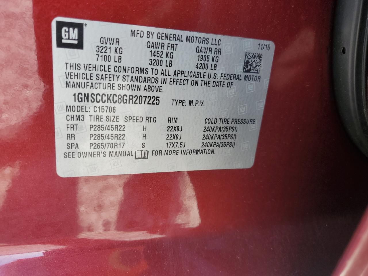 2016 Chevrolet Tahoe C1500 Ltz VIN: 1GNSCCKC8GR207225 Lot: 63977785