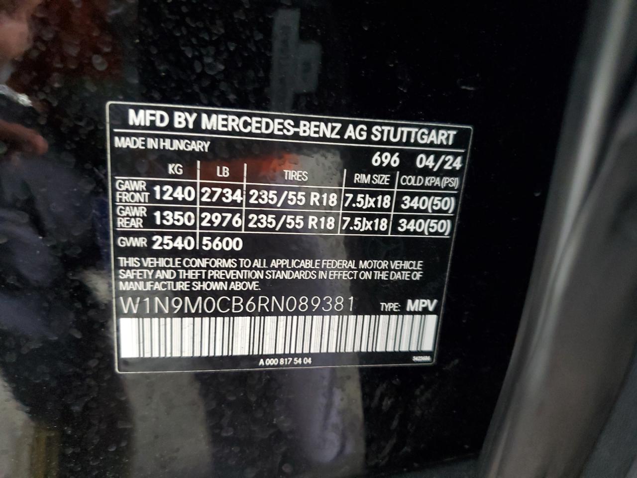 2024 Mercedes-Benz Eqb 250+ VIN: W1N9M0CB6RN089381 Lot: 63445315