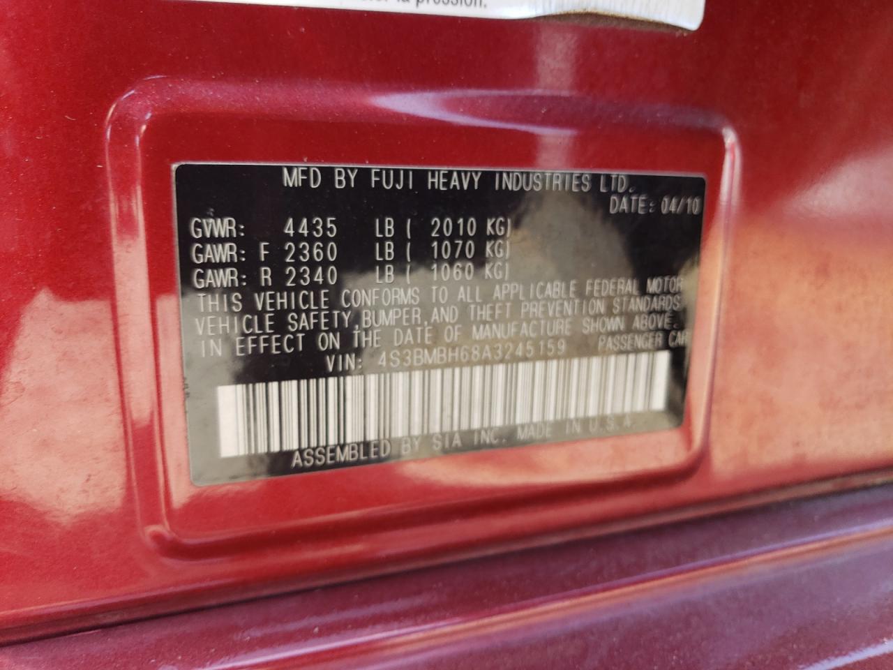 2010 Subaru Legacy 2.5I Premium VIN: 4S3BMBH68A3245159 Lot: 63074495