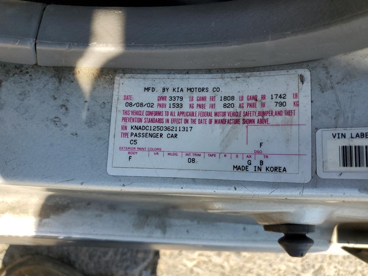 2003 Kia Rio VIN: KNADC125036211317 Lot: 65753445