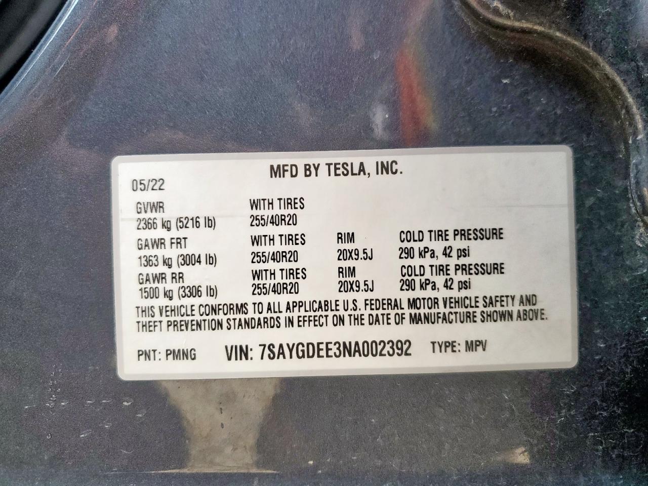 2022 Tesla Model Y VIN: 7SAYGDEE3NA002392 Lot: 63268865
