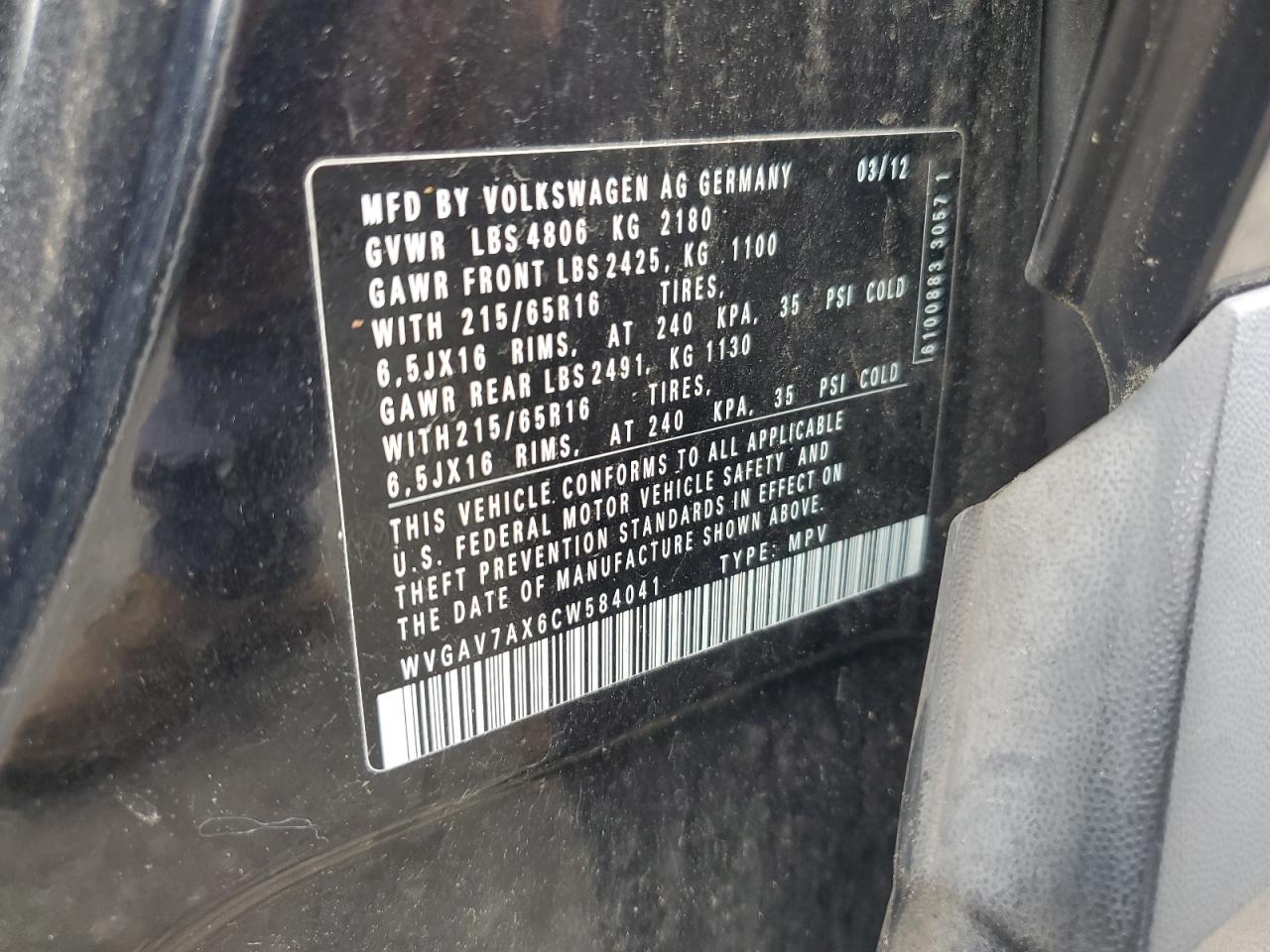 2012 Volkswagen Tiguan S VIN: WVGAV7AX6CW584041 Lot: 63930445