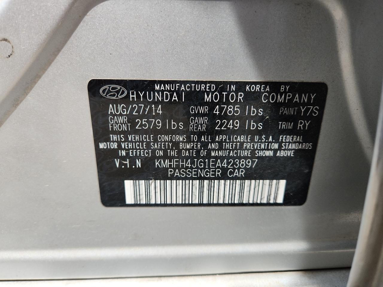 2014 Hyundai Azera Gls VIN: KMHFH4JG1EA423897 Lot: 64299715