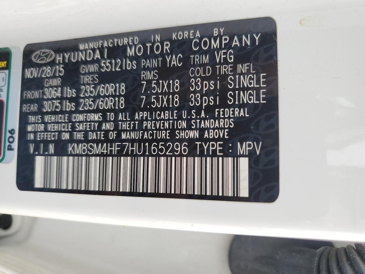 2017 Hyundai Santa Fe Se VIN: KM8SM4HF7HU165296 Lot: 64424545