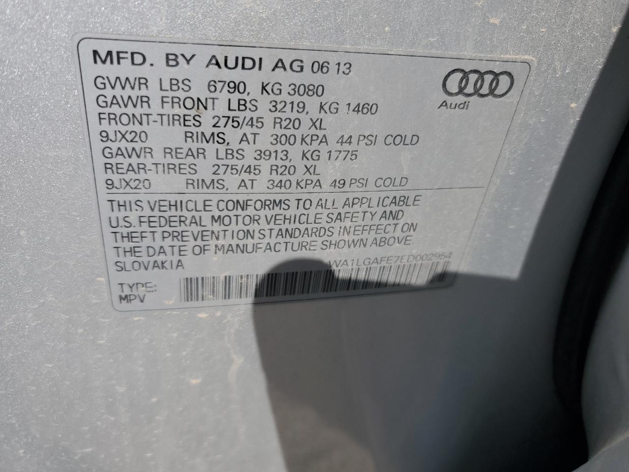 2014 Audi Q7 Premium Plus VIN: WA1LGAFE7ED002954 Lot: 65027195