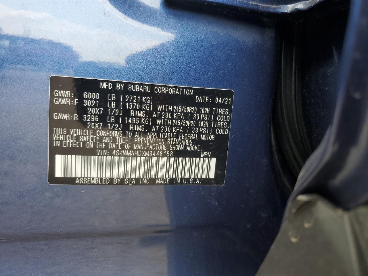 2021 Subaru Ascent Premium VIN: 4S4WMAHDXM3448158 Lot: 65912815