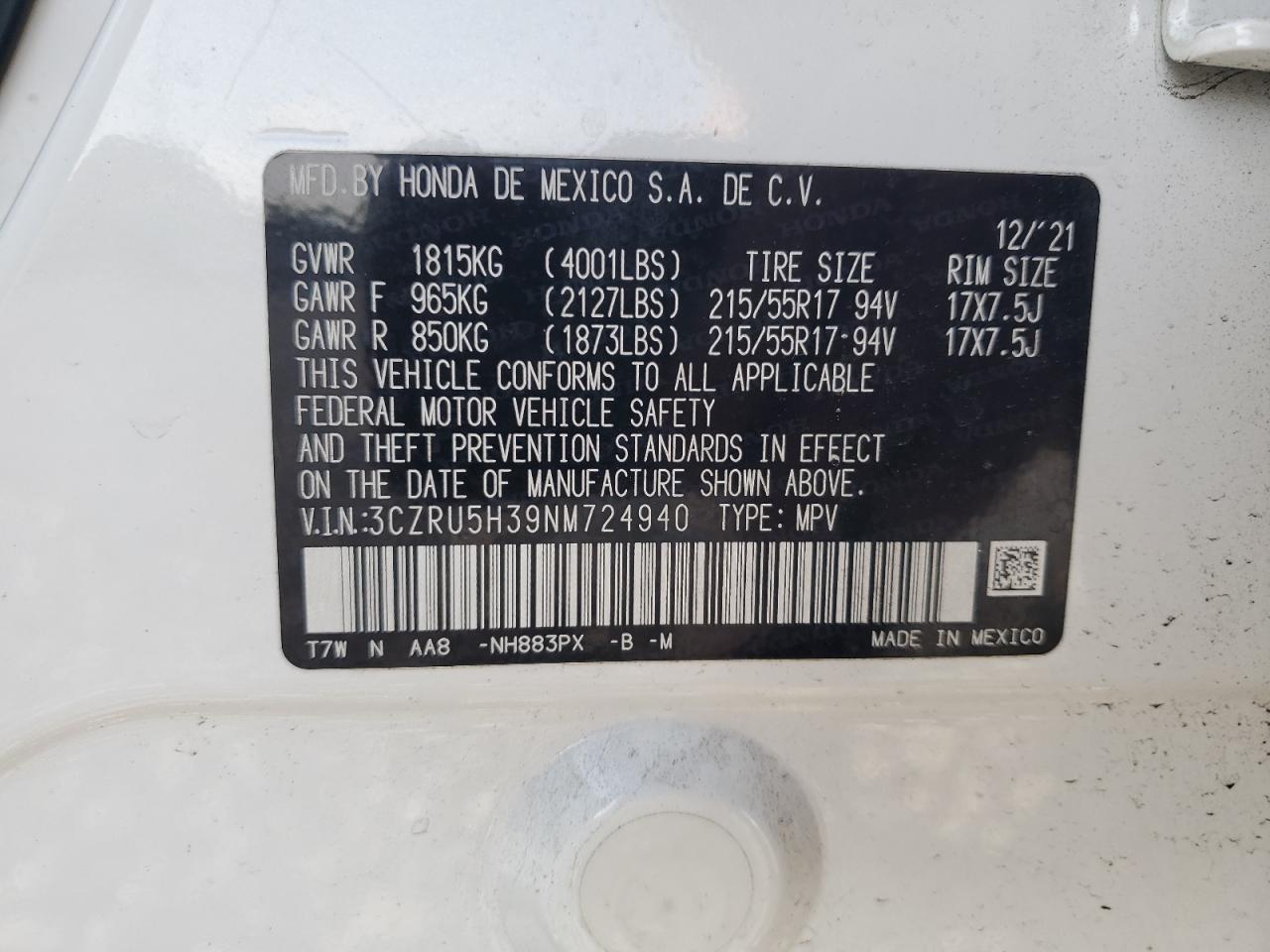 2022 Honda Hr-V Lx VIN: 3CZRU5H39NM724940 Lot: 65561725