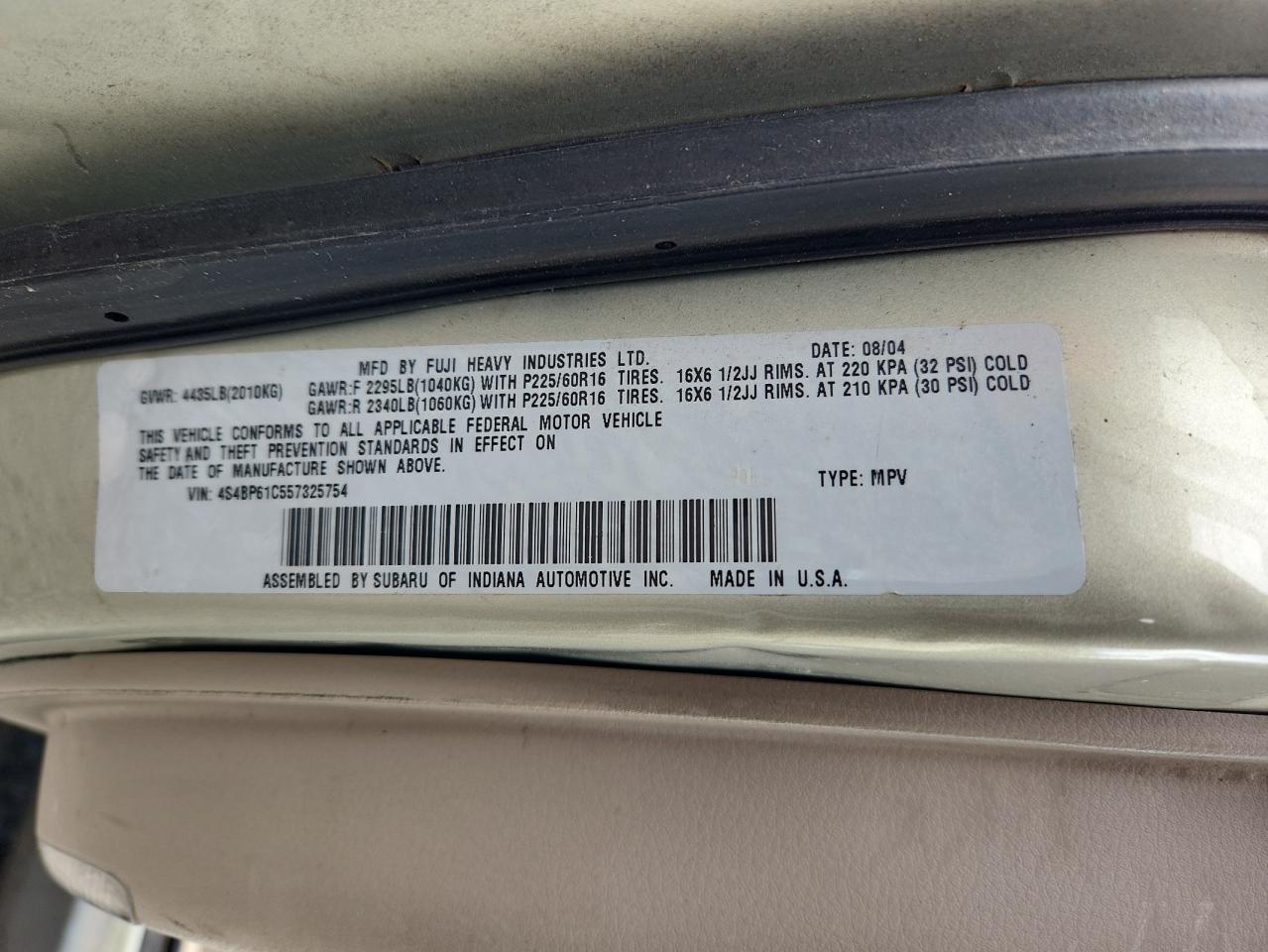 2005 Subaru Legacy Outback 2.5I VIN: 4S4BP61C557325754 Lot: 63558255