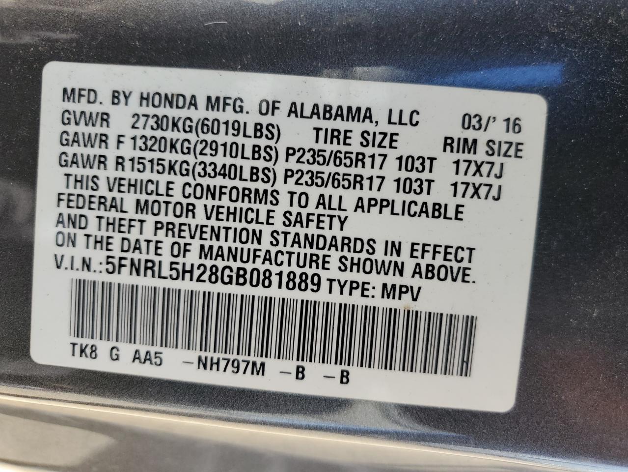 2016 Honda Odyssey Lx VIN: 5FNRL5H28GB081889 Lot: 62862065