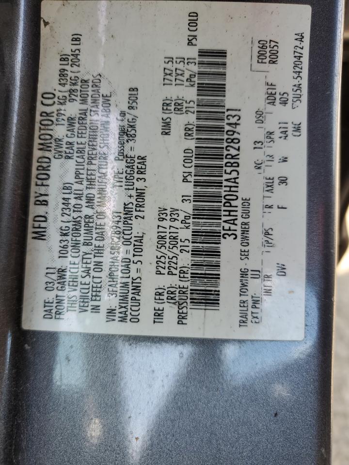 2011 Ford Fusion Se VIN: 3FAHP0HA5BR289431 Lot: 64745705