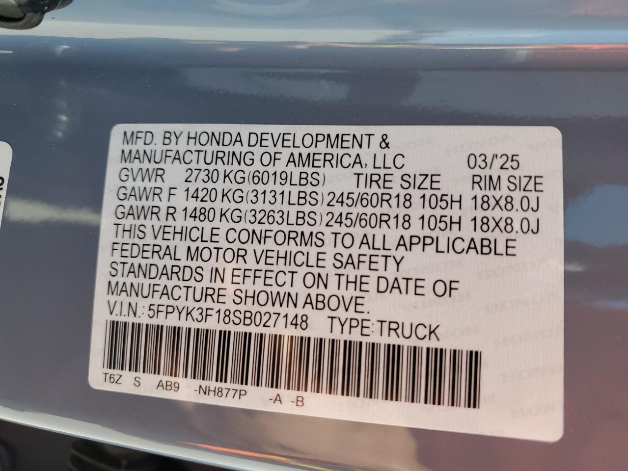 2025 Honda Ridgeline Sport VIN: 5FPYK3F18SB027148 Lot: 65536055