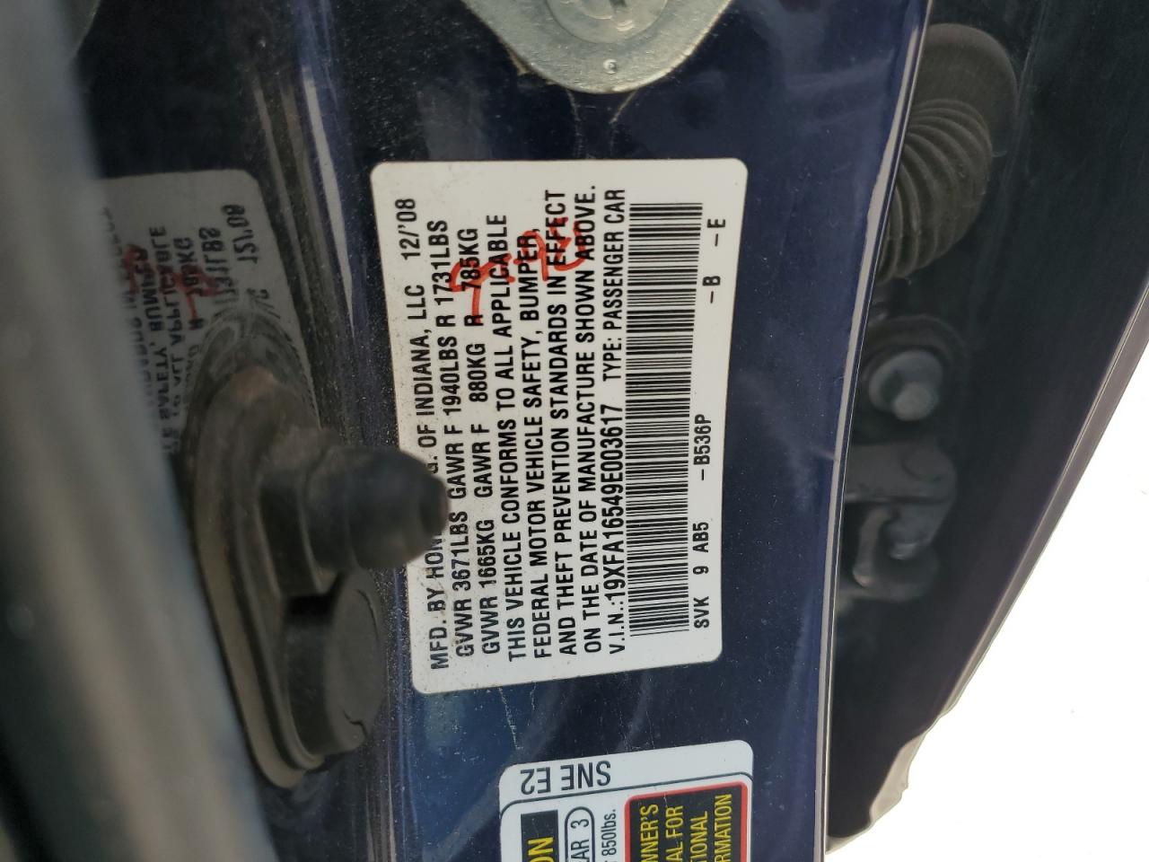 2009 Honda Civic Lx VIN: 19XFA16549E003617 Lot: 64415525