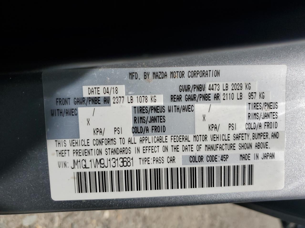 2018 Mazda 6 Touring VIN: JM1GL1VM9J1313681 Lot: 65398805