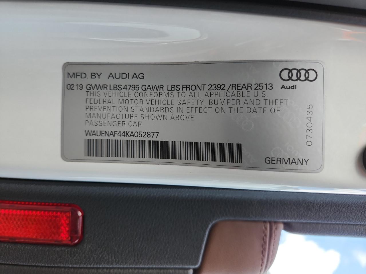 2019 Audi A4 Premium Plus VIN: WAUENAF44KA052877 Lot: 63584525