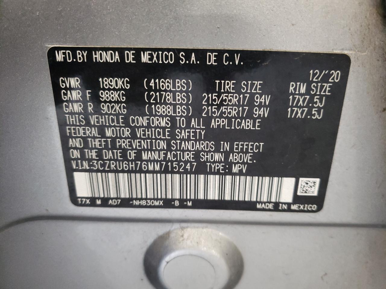 3czru6h76mm715247 3CZRU6H76MM715247 2021 Honda Hr-V Exl