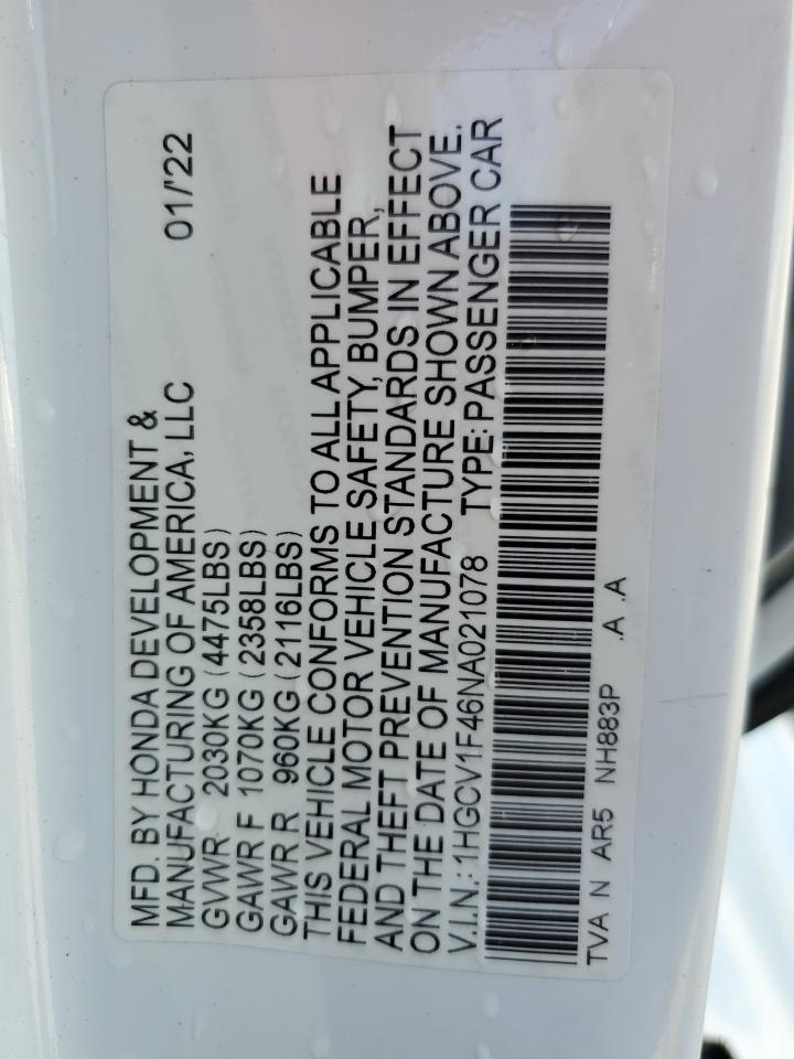 2022 Honda Accord Sport Se VIN: 1HGCV1F46NA021078 Lot: 64945945