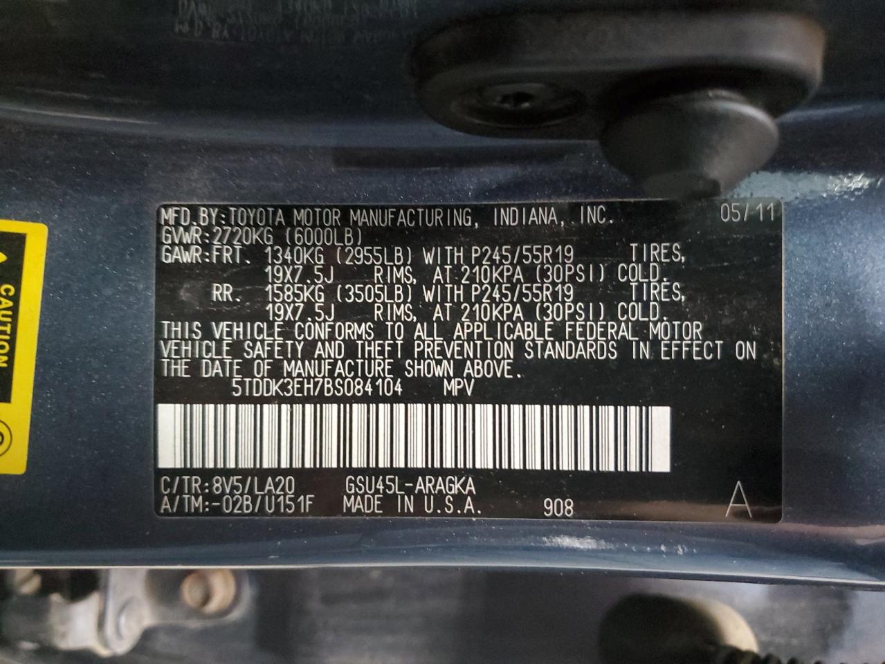 2011 Toyota Highlander Limited VIN: 5TDDK3EH7BS084104 Lot: 64731265