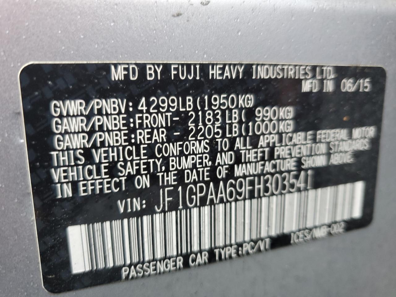 2015 Subaru Impreza VIN: JF1GPAA69FH303541 Lot: 64453855