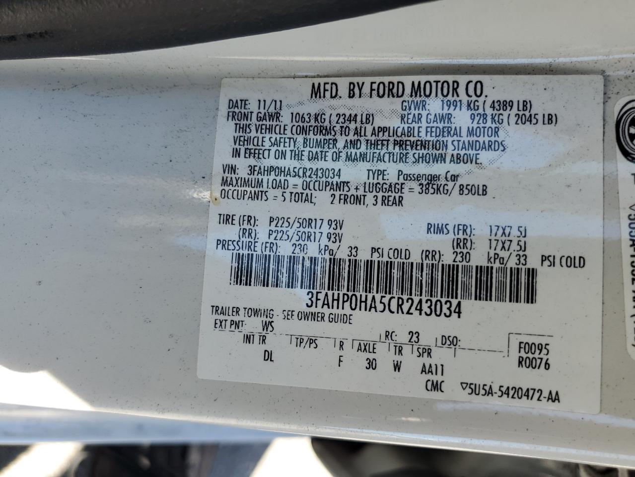 2012 Ford Fusion Se VIN: 3FAHP0HA5CR243034 Lot: 65854875