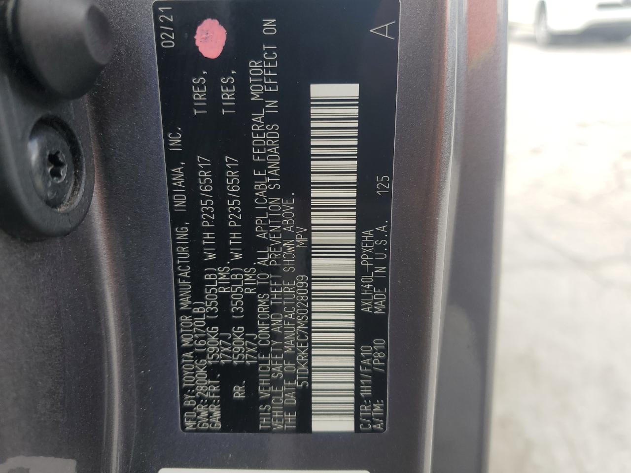2021 Toyota Sienna Le VIN: 5TDKRKEC7MS028099 Lot: 64029815
