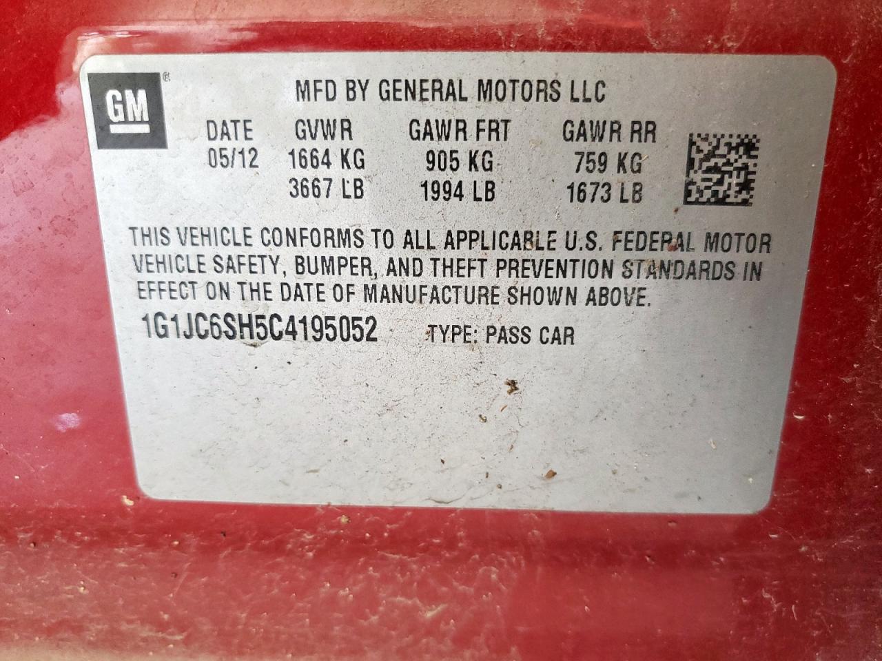 2012 Chevrolet Sonic Lt VIN: 1G1JC6SH5C4195052 Lot: 63621915