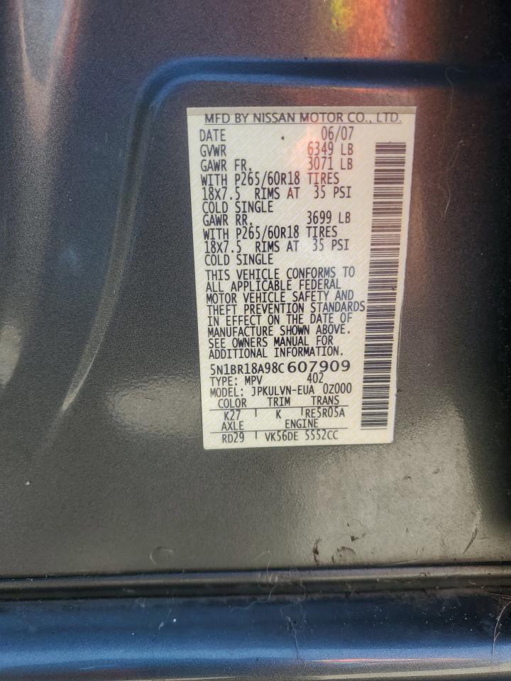 2008 Nissan Pathfinder Le VIN: 5N1BR18A98C607909 Lot: 64110055