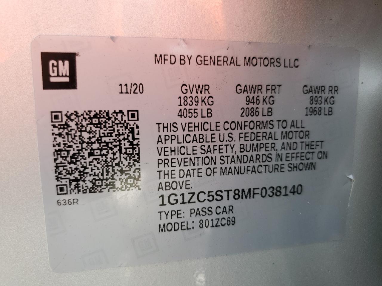 2021 Chevrolet Malibu Ls VIN: 1G1ZC5ST8MF038140 Lot: 63383345