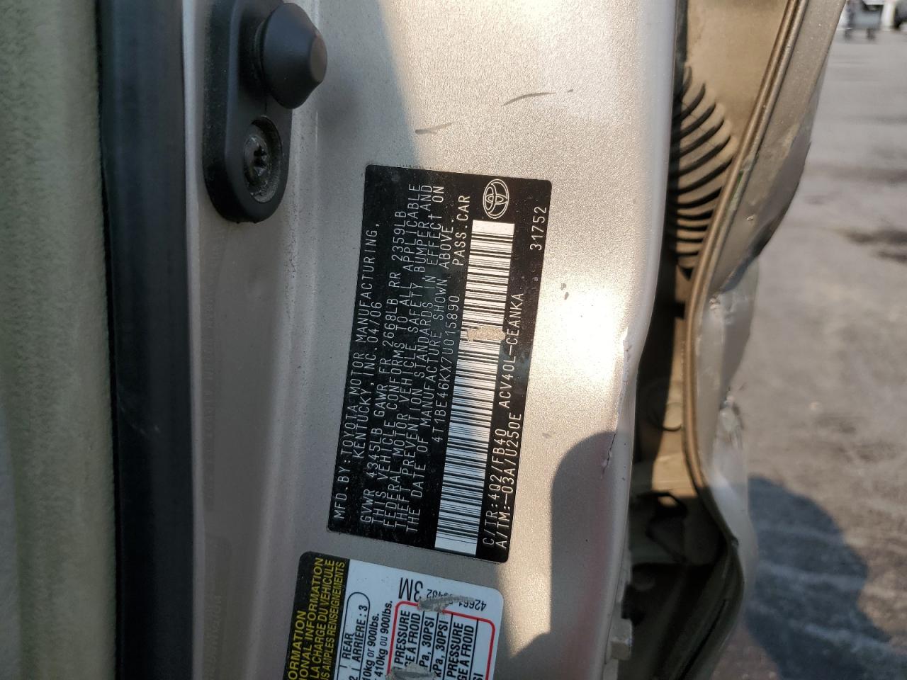 2007 Toyota Camry Ce VIN: 4T1BE46KX7U015890 Lot: 62725765