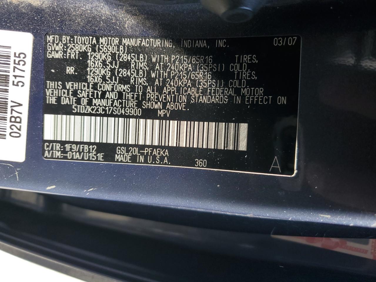 2007 Toyota Sienna Ce VIN: 5TDZK23C17S049900 Lot: 61481735