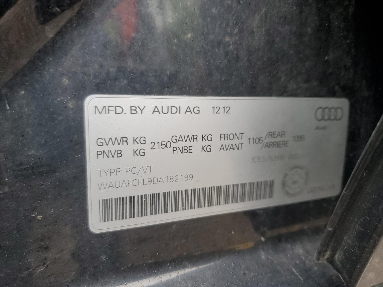 2013 Audi A4 Premium VIN: WAUAFCFL9DA182199 Lot: 63896375