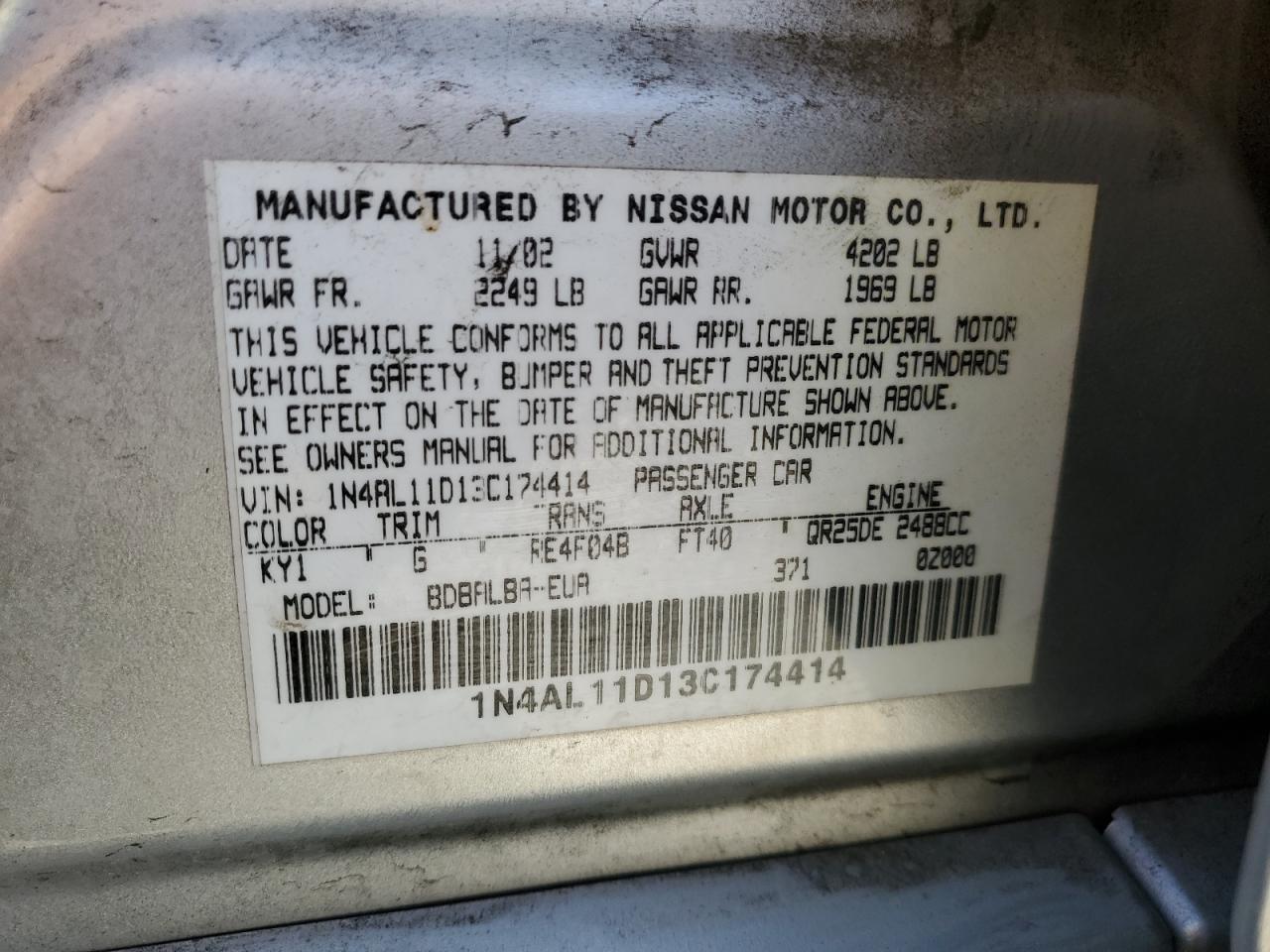 2003 Nissan Altima Base VIN: 1N4AL11D13C174414 Lot: 63249825
