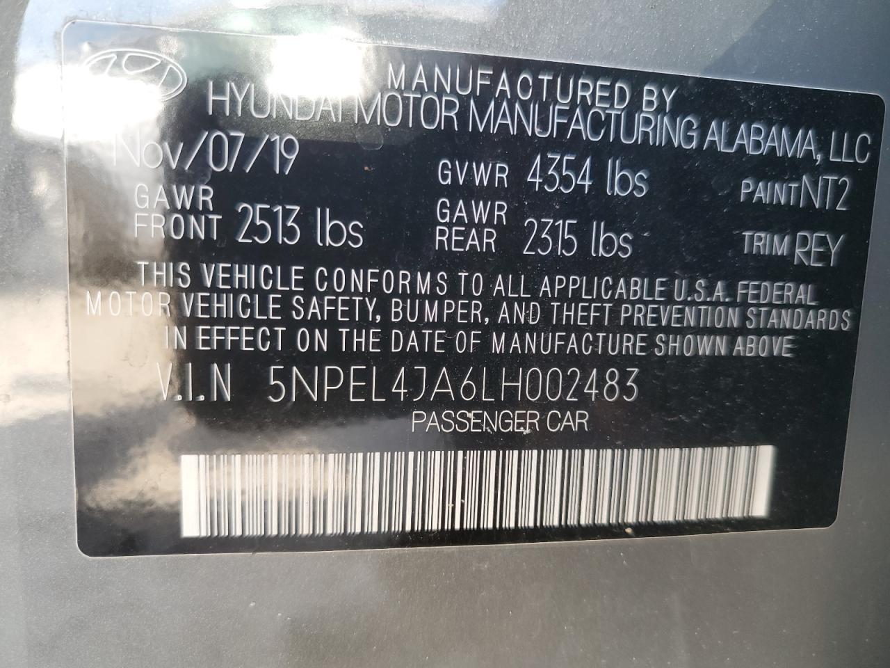 2020 Hyundai Sonata Sel VIN: 5NPEL4JA6LH002483 Lot: 61972325