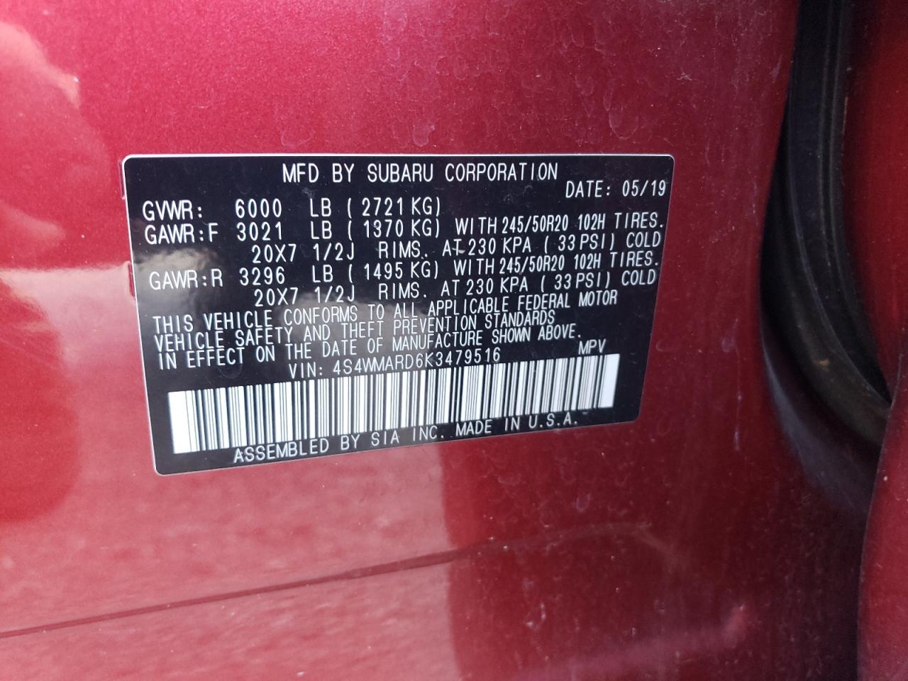 2019 Subaru Ascent Touring VIN: 4S4WMARD6K3479516 Lot: 64514045