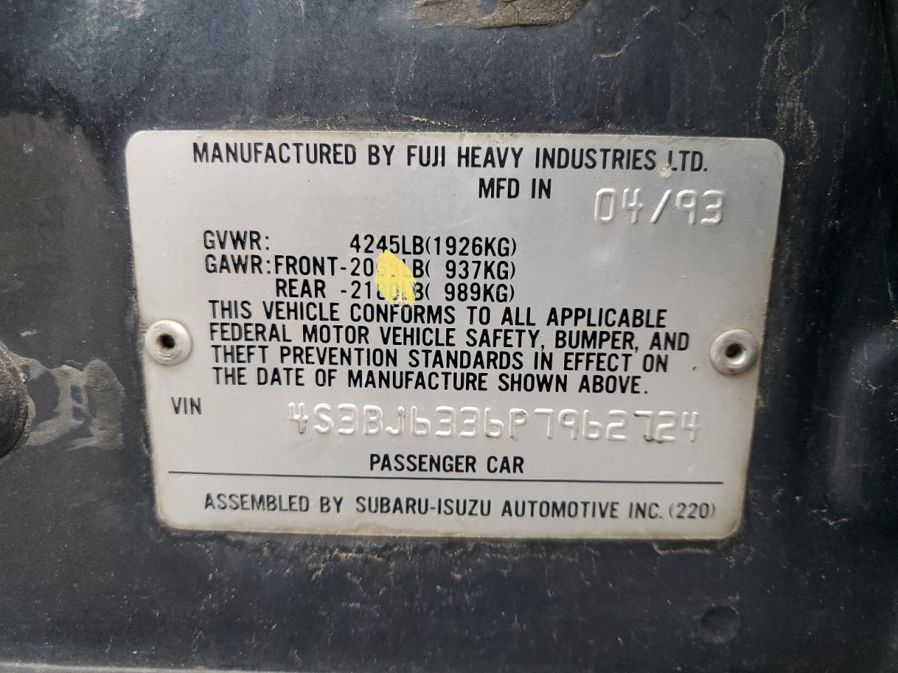 1998 Subaru Legacy L VIN: 4S3BJ6336P7962724 Lot: 64586675