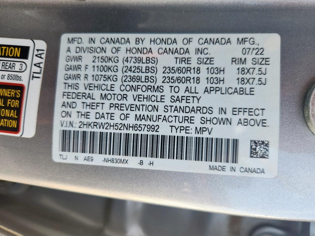 2022 Honda Cr-V Ex VIN: 2HKRW2H52NH657992 Lot: 64769965