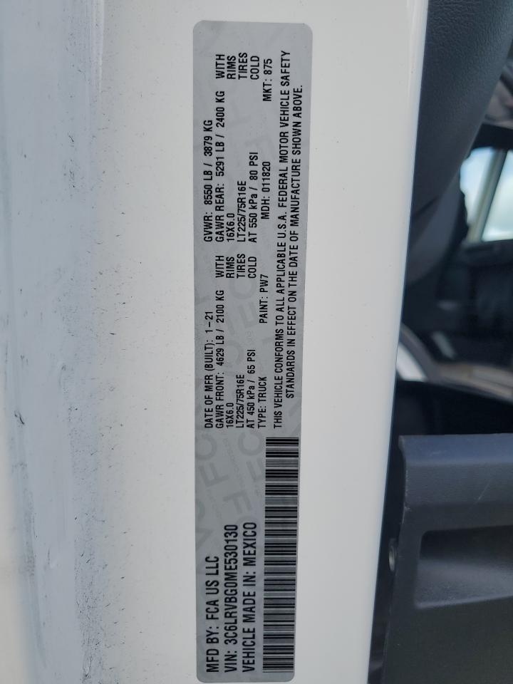 2021 Ram Promaster 1500 1500 High VIN: 3C6LRVBG0ME530130 Lot: 64468205