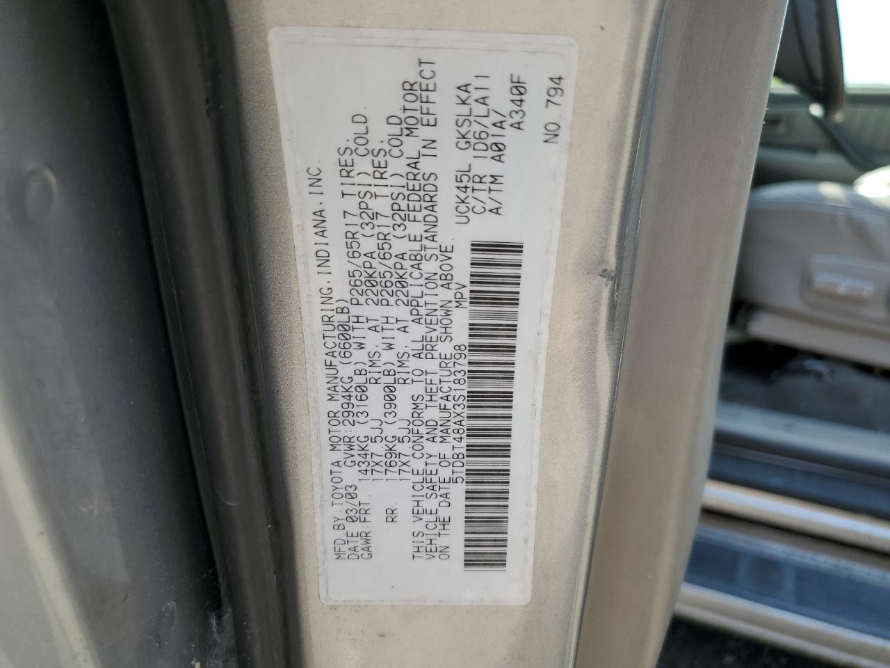 2003 Toyota Sequoia Limited VIN: 5TDBT48AX3S183798 Lot: 67035065