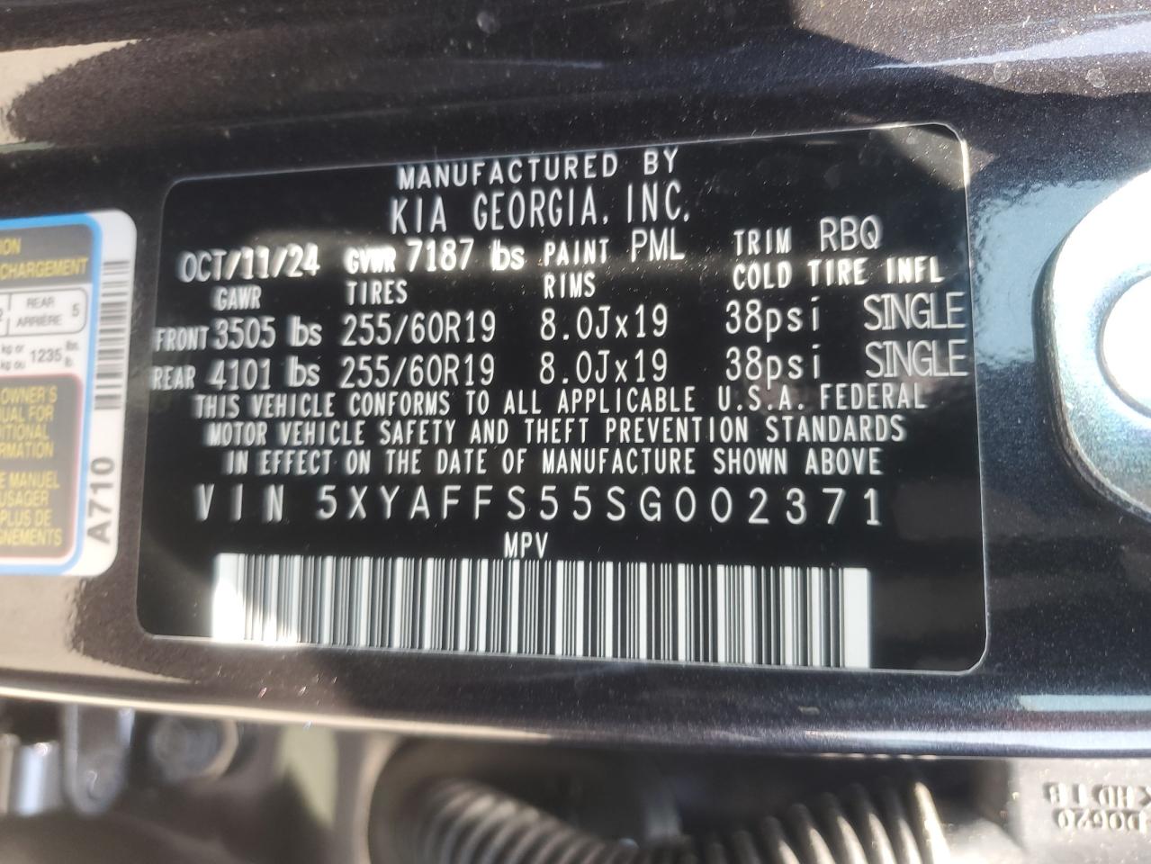 2025 Kia Ev9 Wind VIN: 5XYAFFS55SG002371 Lot: 65396135