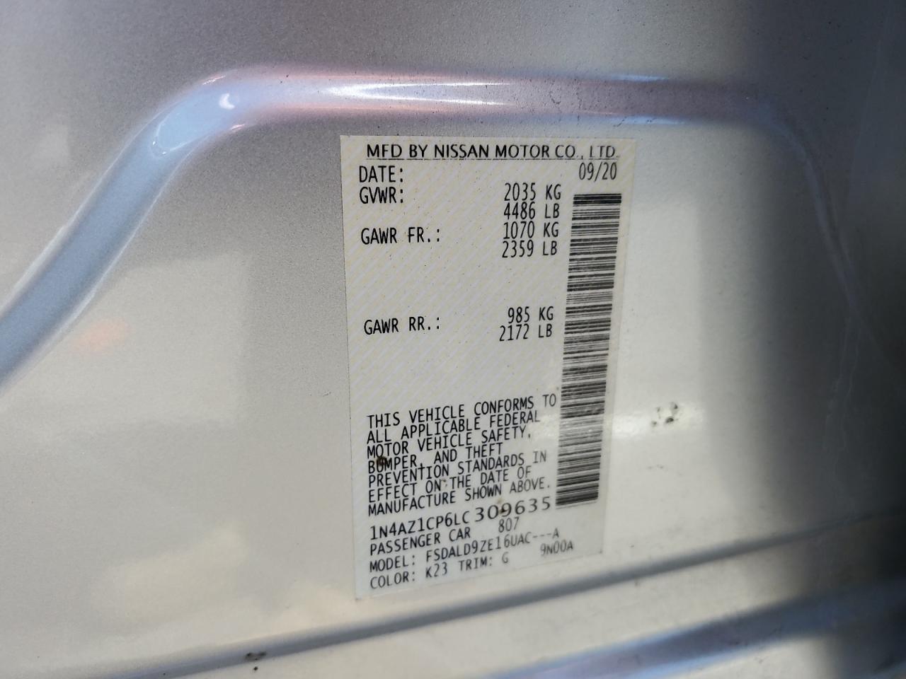 2020 Nissan Leaf Sv VIN: 1N4AZ1CP6LC309635 Lot: 63701755