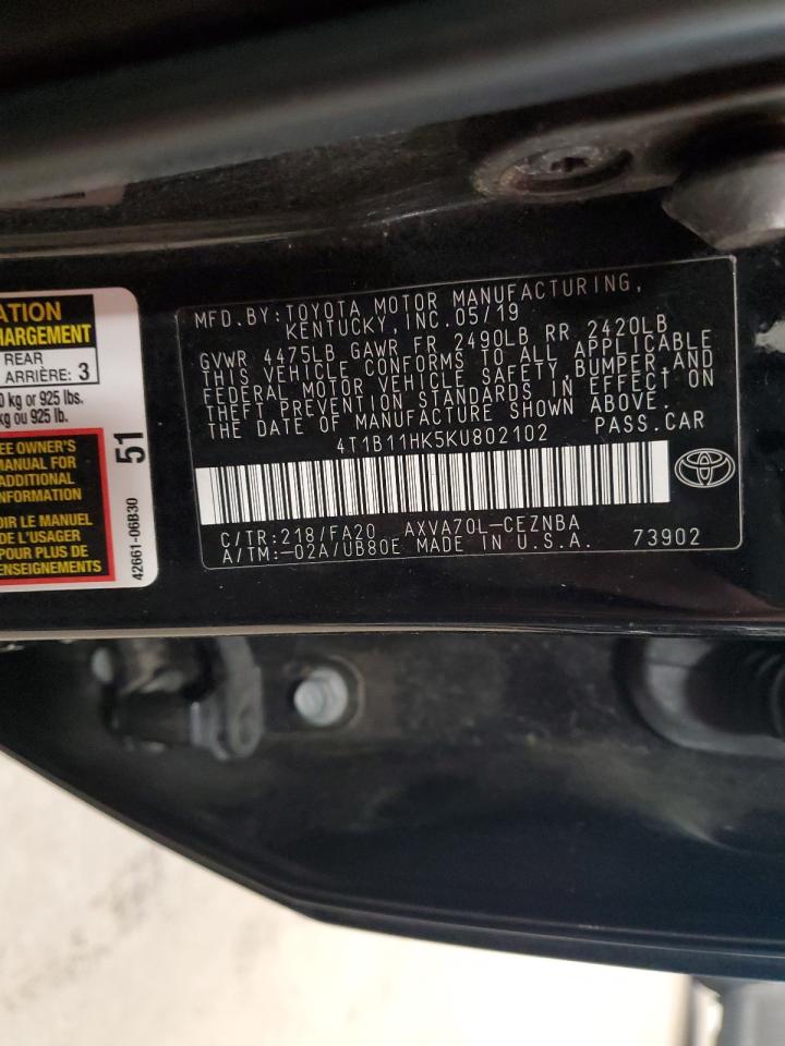 2019 Toyota Camry L VIN: 4T1B11HK5KU802102 Lot: 65154645