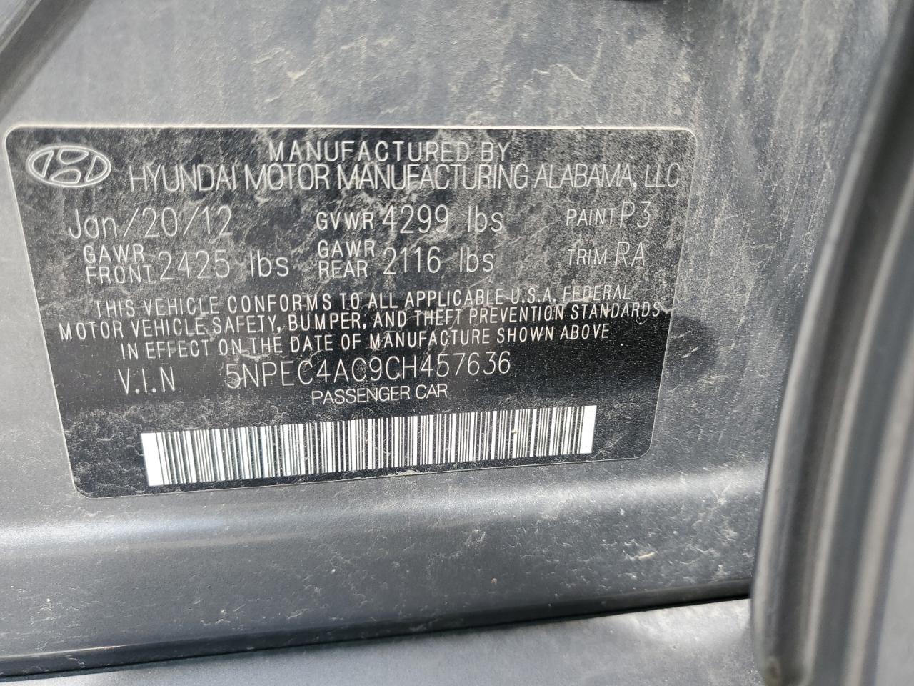 5npec4ac9ch457636 5NPEC4AC9CH457636 2012 Hyundai Sonata Se